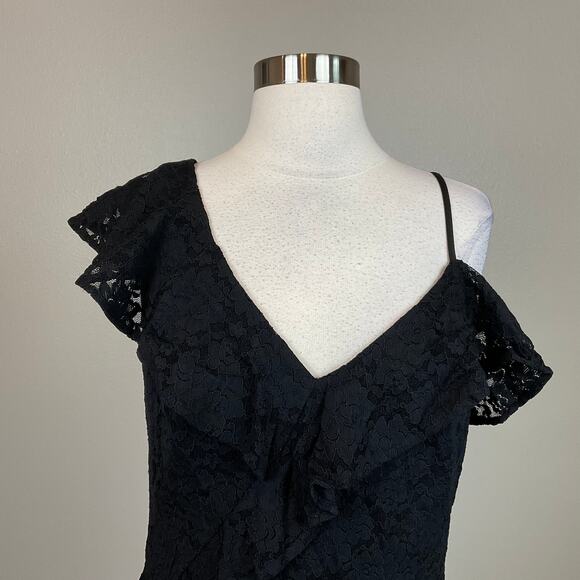 Ralph Lauren Lace Sleeveless Ruffled Sheath Cocktail Dress Black Size 16 V-Neck - Picture 7 of 13